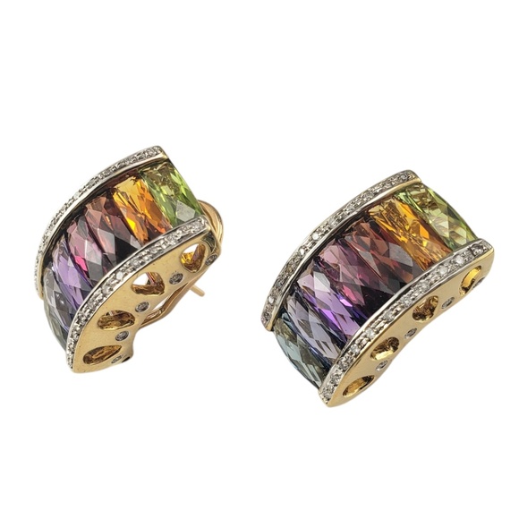 18K Yellow Gold Rainbow Gemstone and Diamond Omega Back Earrings #20720 - Picture 2 of 8